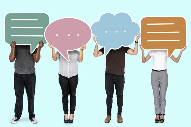 Diverse people showing speech bubble symbols