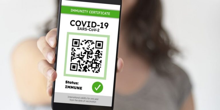 Unrecognizable woman showing on her smartphone a certificate of Covid immunity