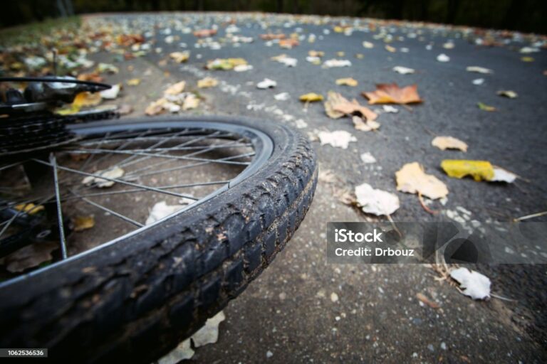 Mountain bicycle rear wheel  at cycling lane. Close up, no people