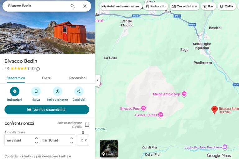 Pagina del Bivacco Bedin su Google Maps come era fino a settembre